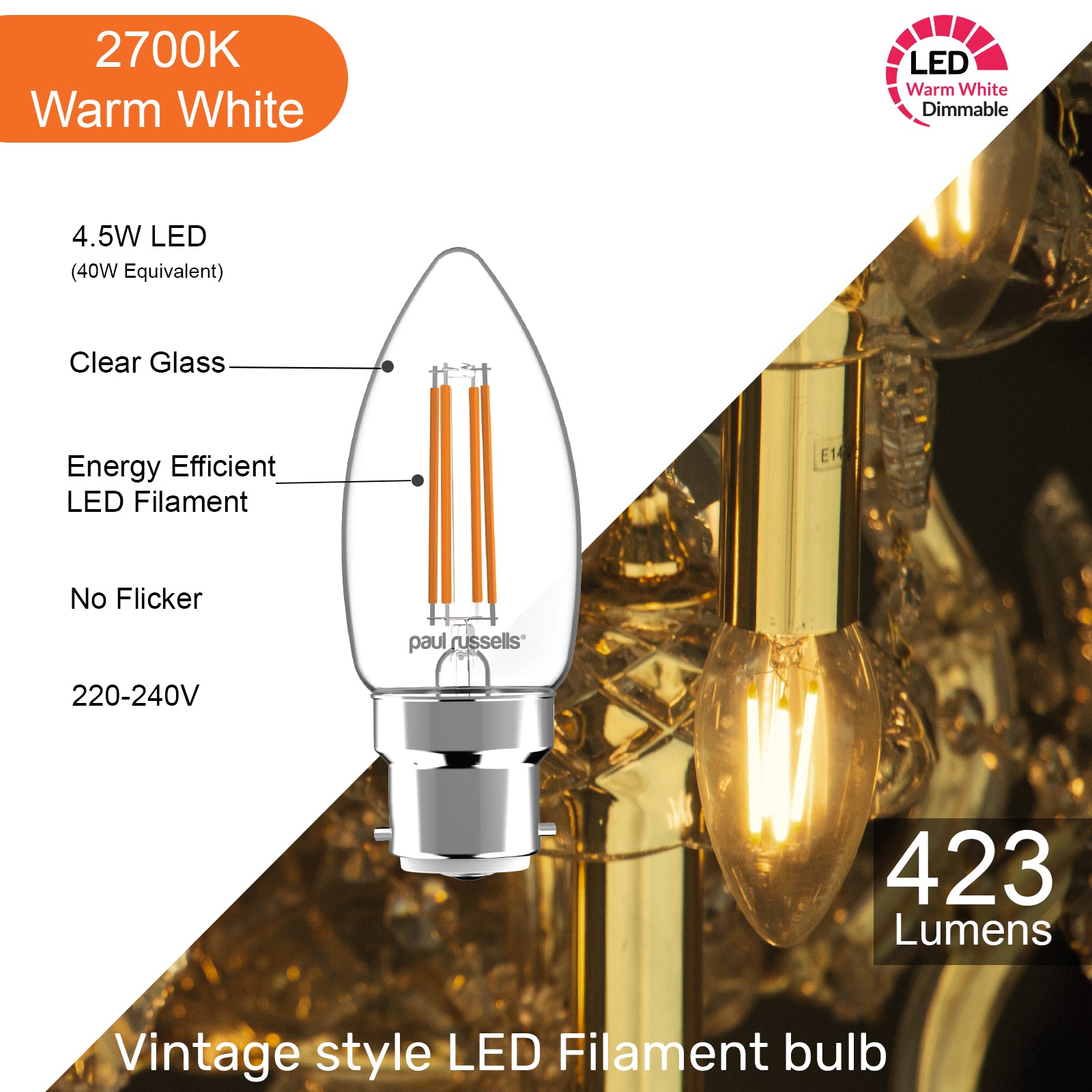 LED Dimmable Filament Candle 4.5W (40w), BC/B22, 423 Lumens, Warm White(2700K), 240V