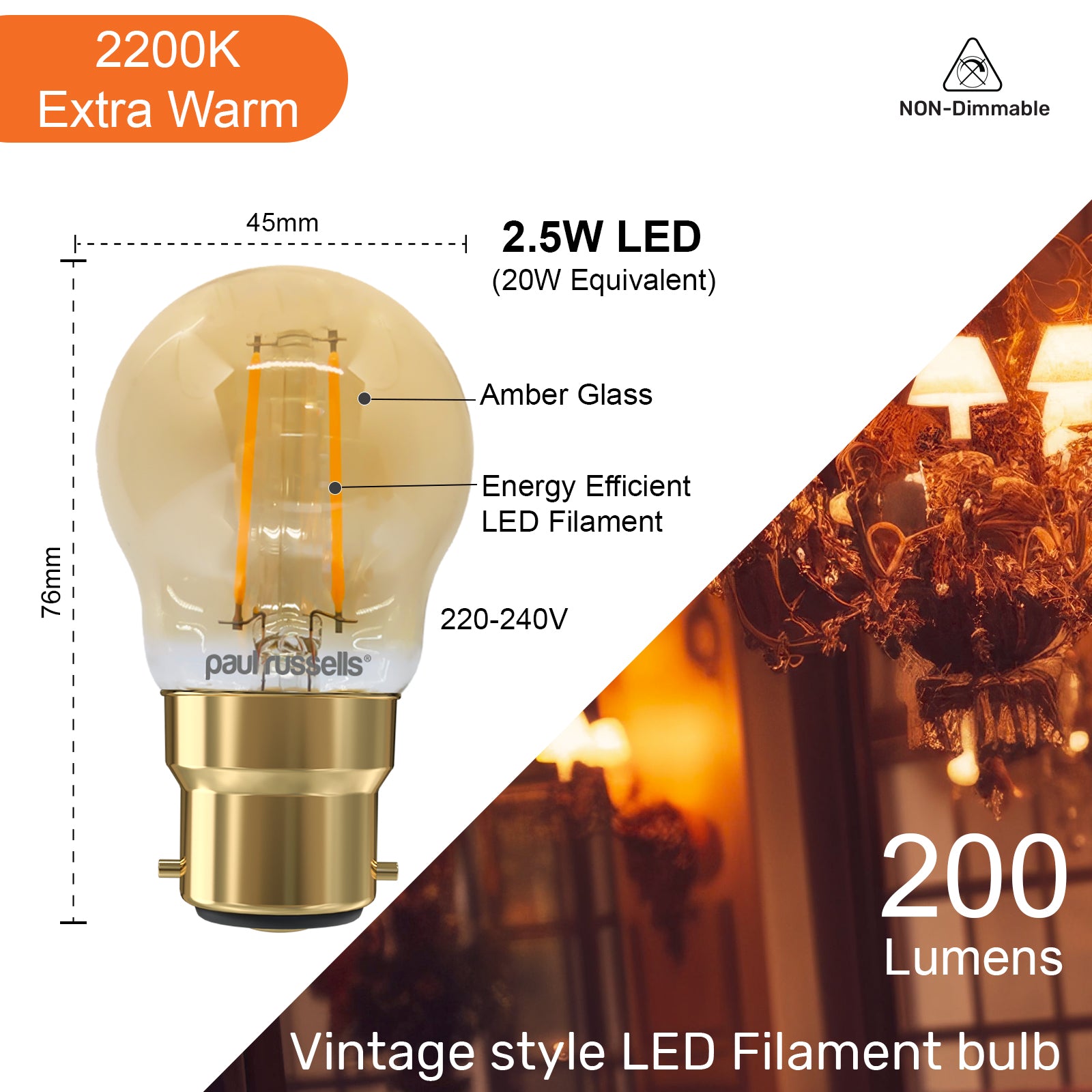 LED Filament Golf 2.5W (20w), BC/B22, 200 Lumens, Extra Warm White(2200K), 240V