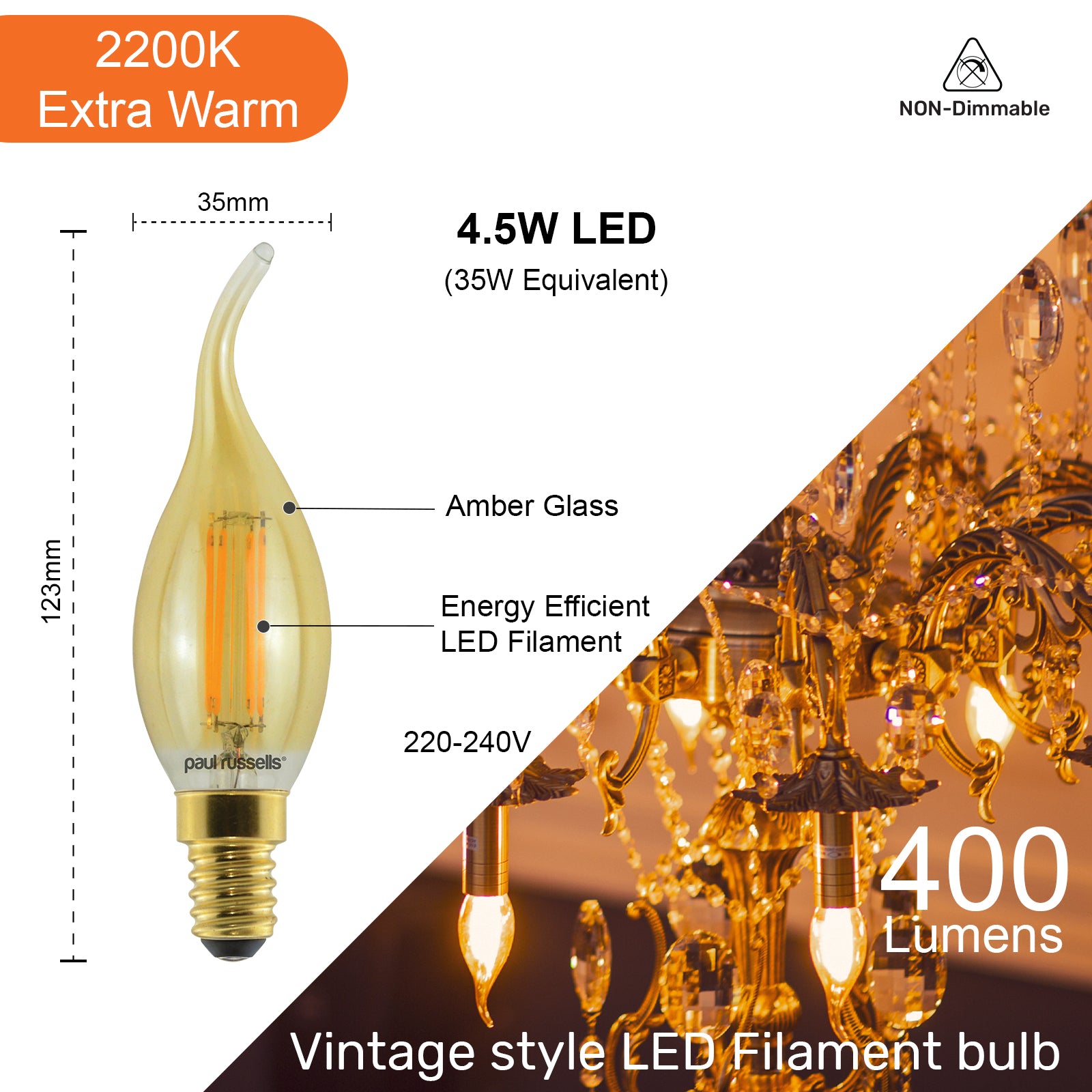 LED Filament Flame 4.5W (35w), SES/E14, 400 Lumens, Extra Warm White(2200K), 240V