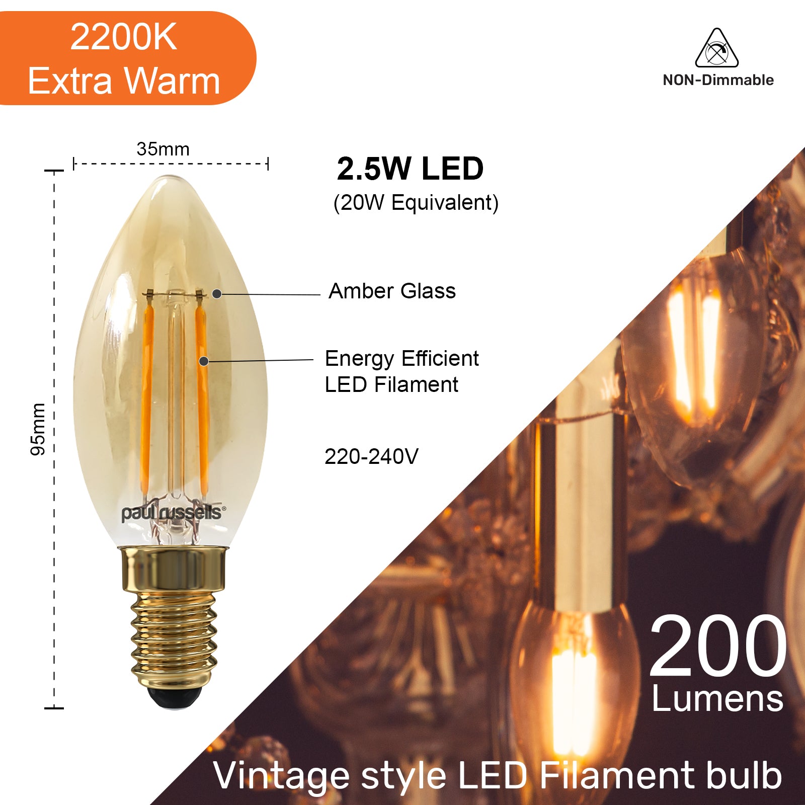 LED Filament Candle 2.5W (20w), SES/E14, 200 Lumens, Extra Warm White(2200K), 240V