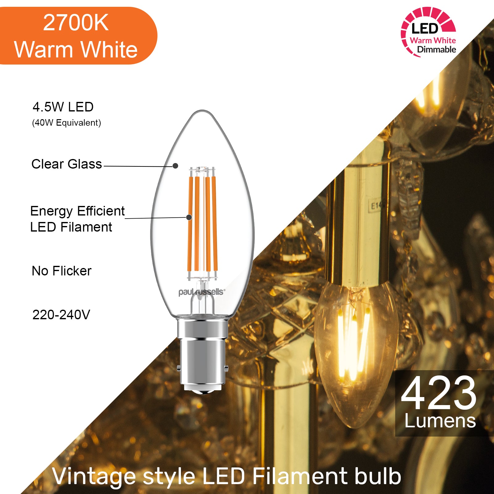 LED Dimmable Filament Candle 4.5W (40w), SBC/B15, 423 Lumens, Warm White(2700K), 240V
