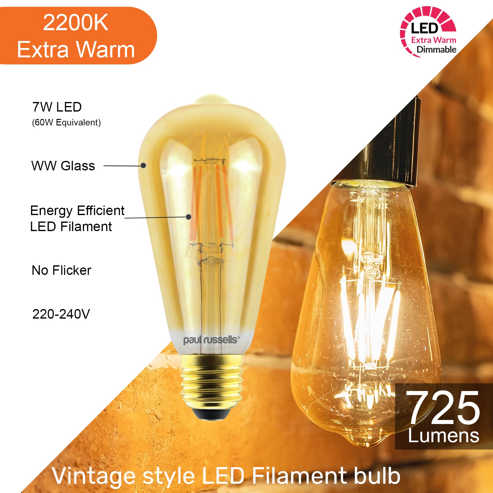 LED Dimmable Filament ST64 7W (60w), ES/E27, 725 Lumens, Extra Warm White(2200K), 240V
