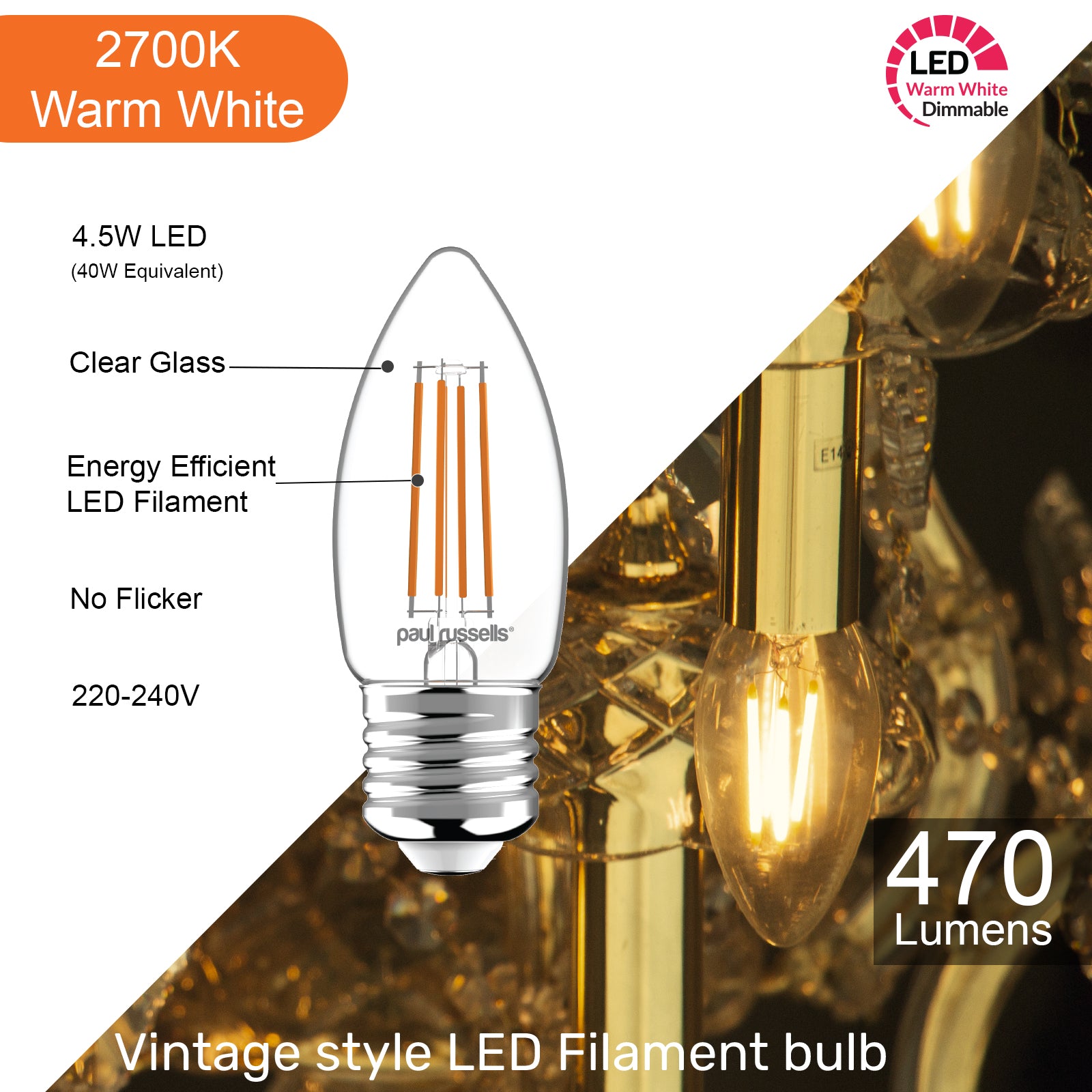 LED Dimmable Filament Candle 4.5W (40w), ES/E27, 470 Lumens, Warm White(2700K), 240V