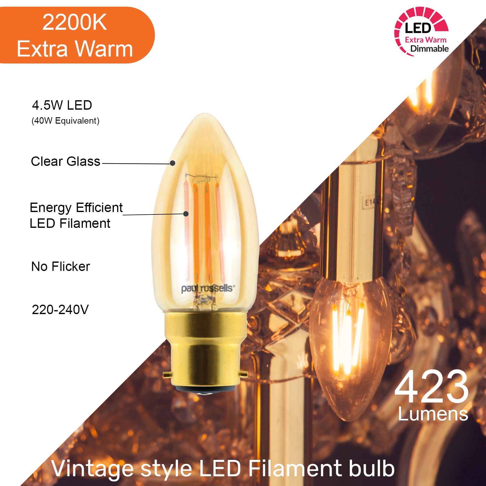 LED Dimmable Filament Candle 4.5W (40w), BC/B22, 423 Lumens, Extra Warm White(2200K), 240V