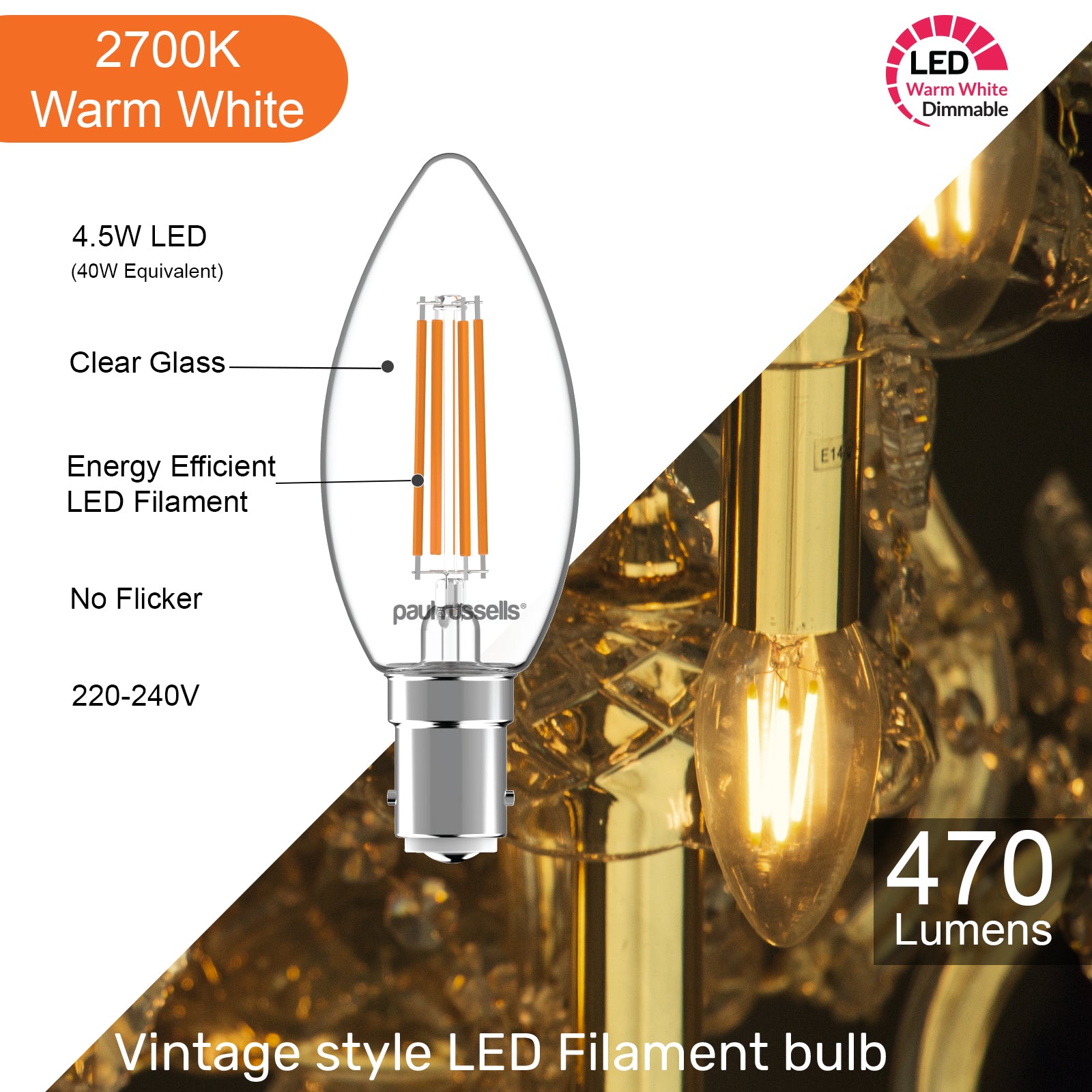 LED Dimmable Filament Candle 4.5W (40w), SBC/B15, 470 Lumens, Warm White(2700K), 240V