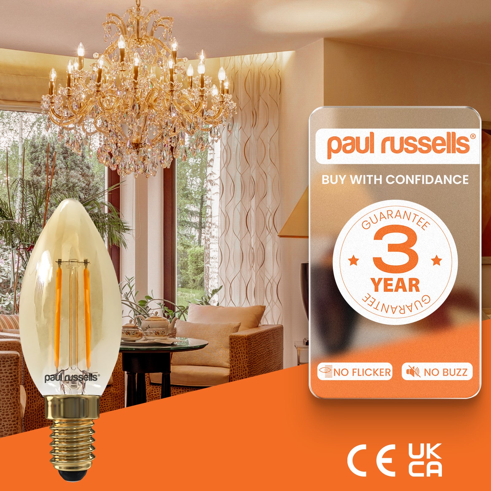 LED Filament Candle 2.5W (20w), SES/E14, 200 Lumens, Extra Warm White(2200K), 240V