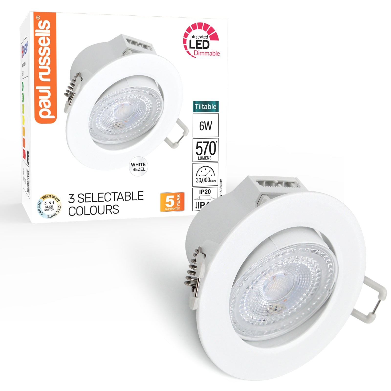 Paul Russells 6W LED Non Fire Rated Tiltable Downlight, Warm/Cool/Day White 3 Adjustable CCT, IP44, Bezel White