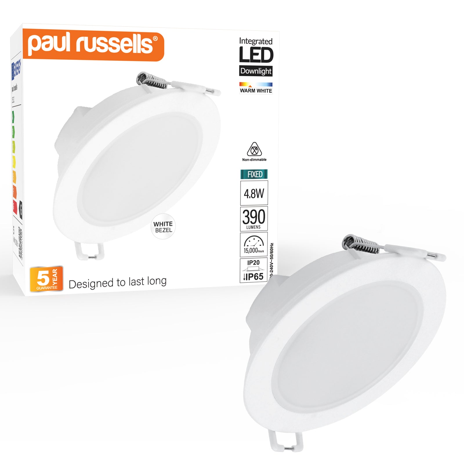 Paul Russells 4.8W LED Non Fire Rated Downlight Fixed, Warm White 3000K, IP65, Bezel White