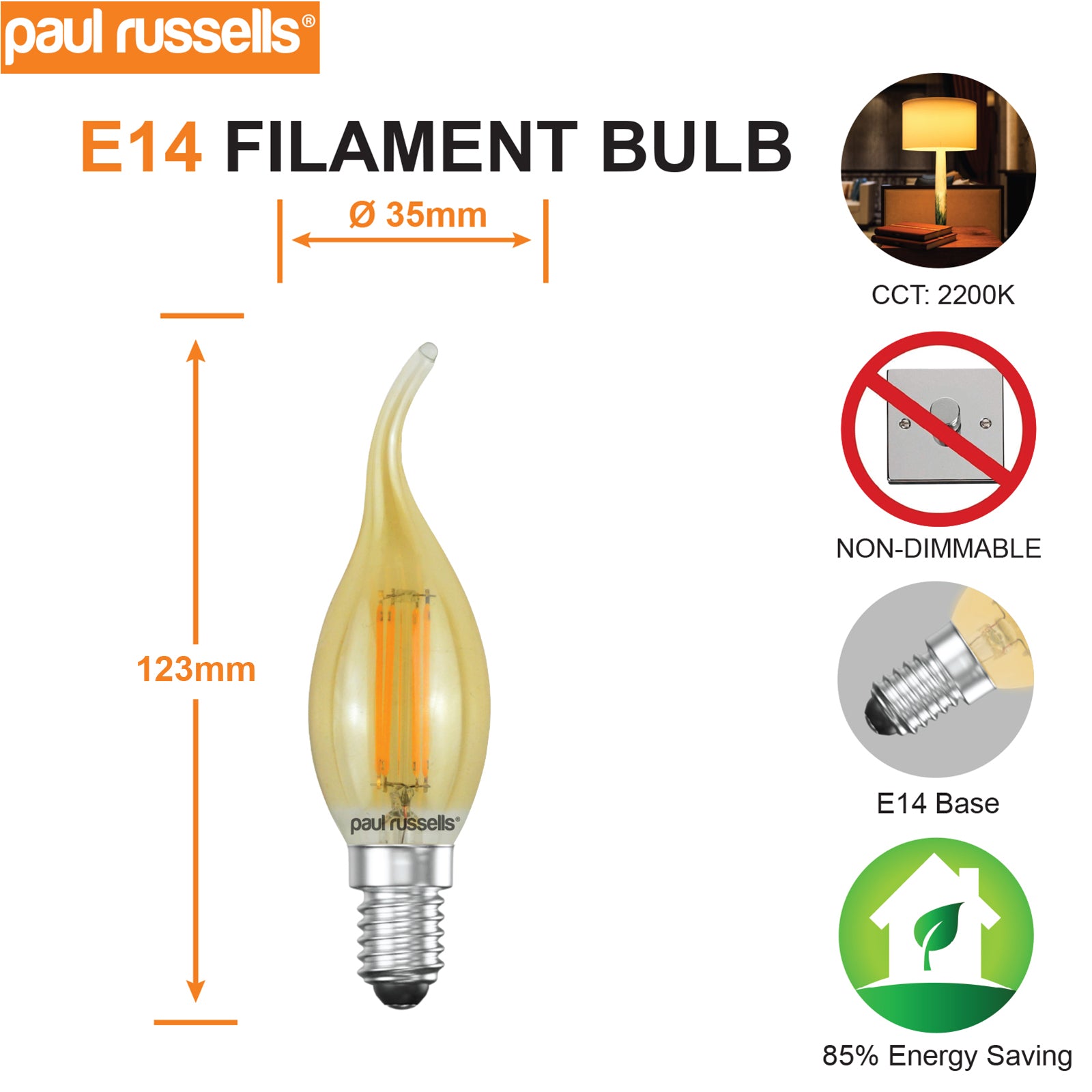LED Filament Flame 4.5W (35w), SES/E14, 400 Lumens, Extra Warm White(2200K), 240V