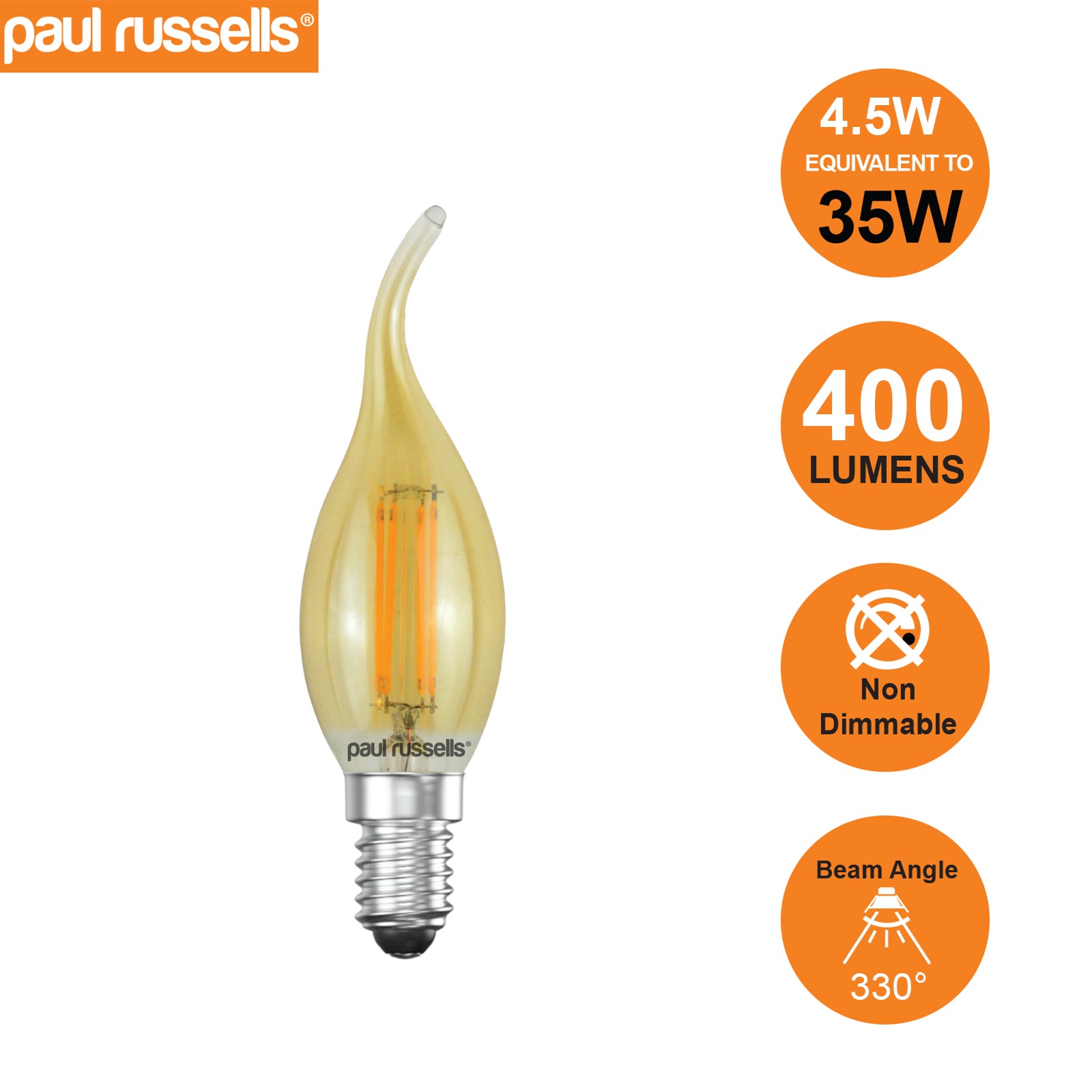 LED Filament Flame 4.5W (35w), SES/E14, 400 Lumens, Extra Warm White(2200K), 240V