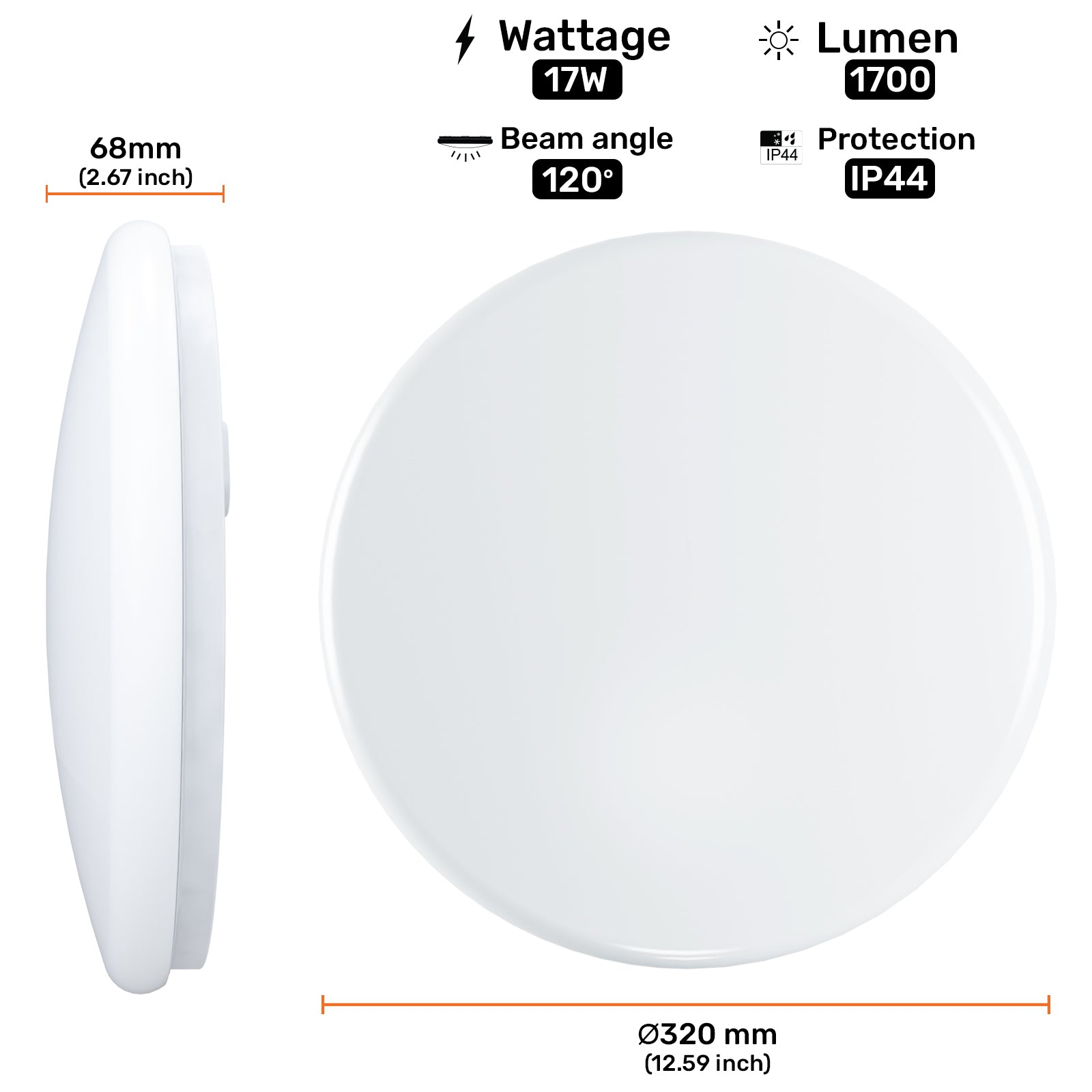 17W, LED Round Ceiling Downlights, 100W Equivalent, IP44, 1700 Lumens, 6500K Day Light, Non-Dimmable Panel Spotlights