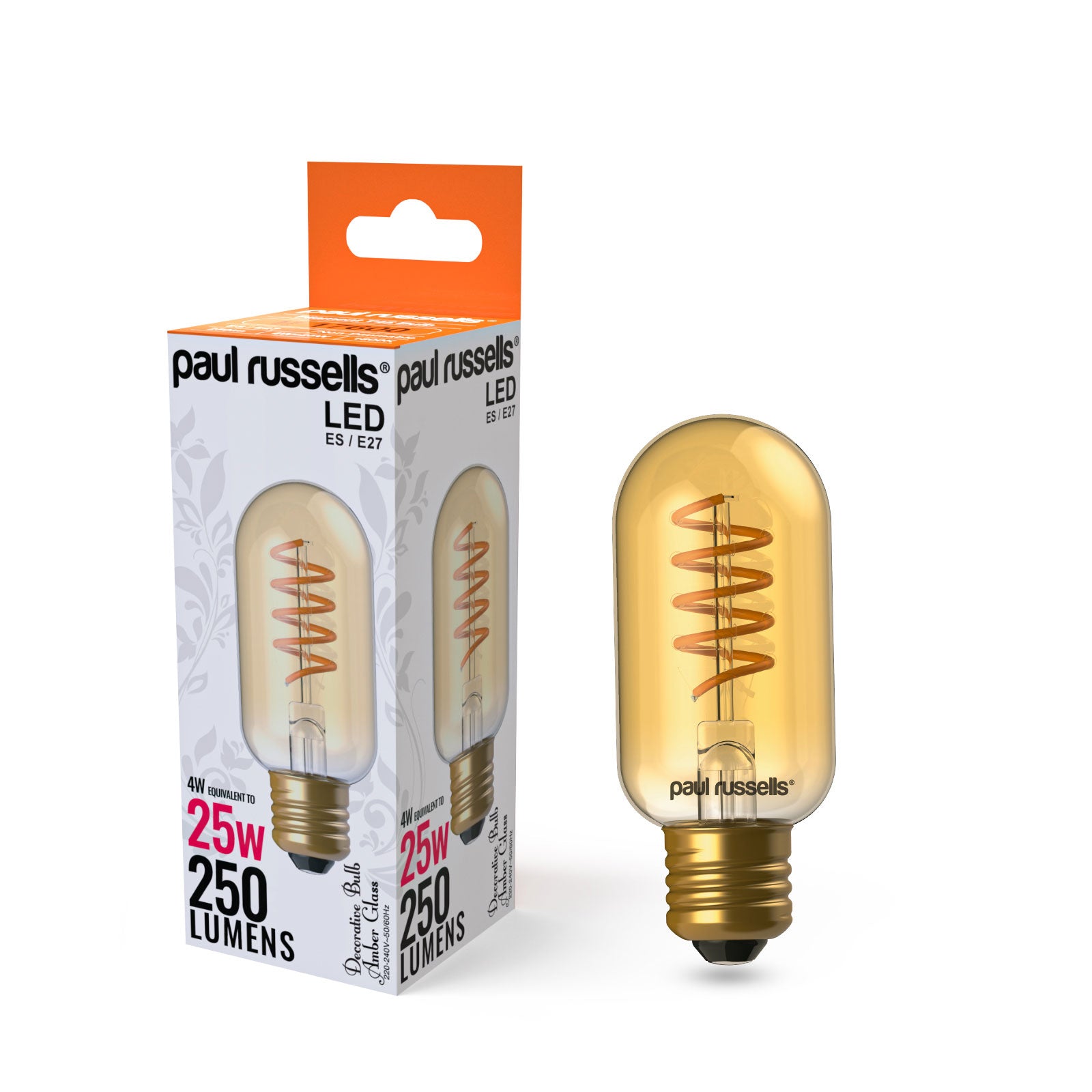 LED Spiral Antique T45 Amber Bulbs 25W, ES/E27, 250 Lumens, Extra Warm White (1800K), 240V