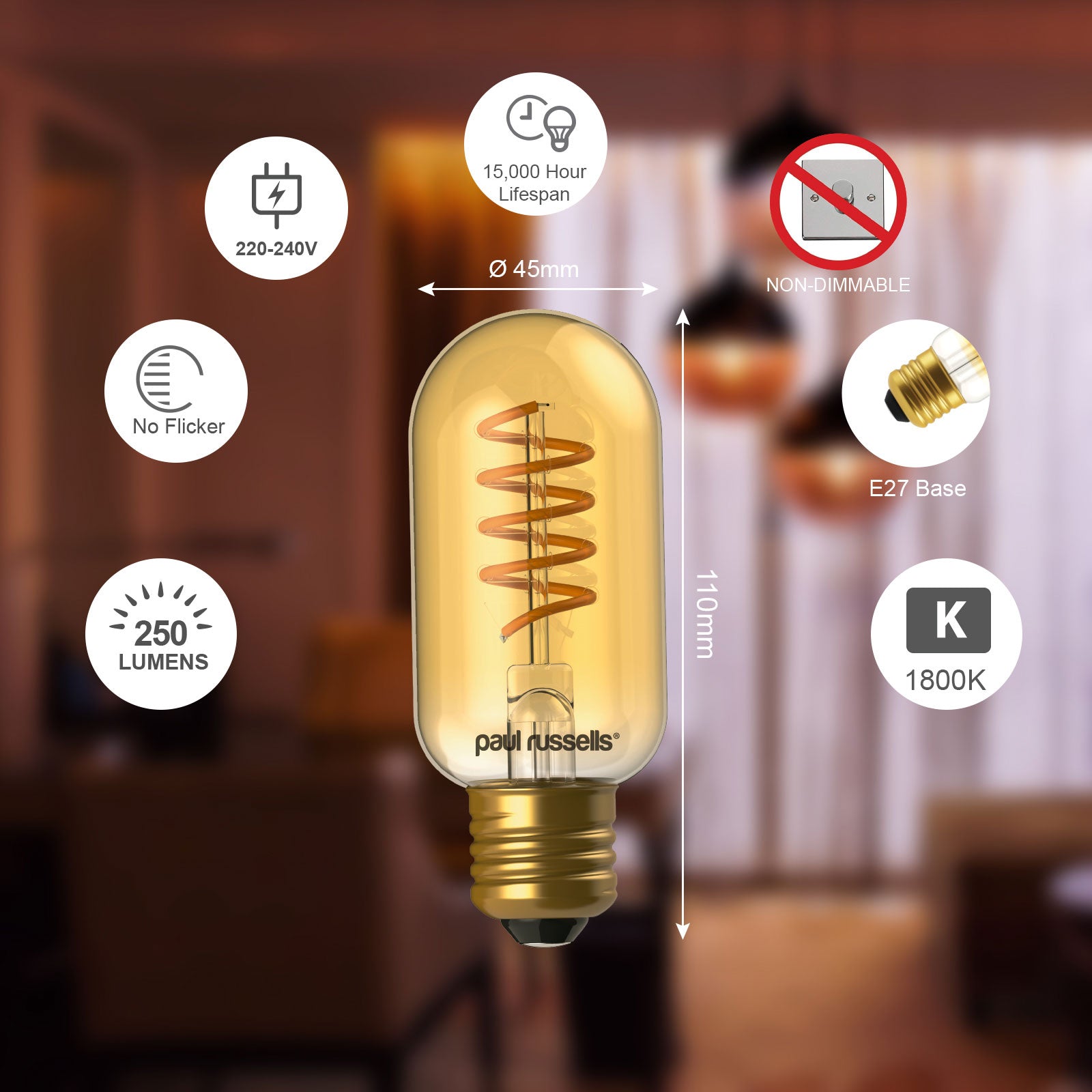 LED Spiral Antique T45 Amber Bulbs 25W, ES/E27, 250 Lumens, Extra Warm White (1800K), 240V