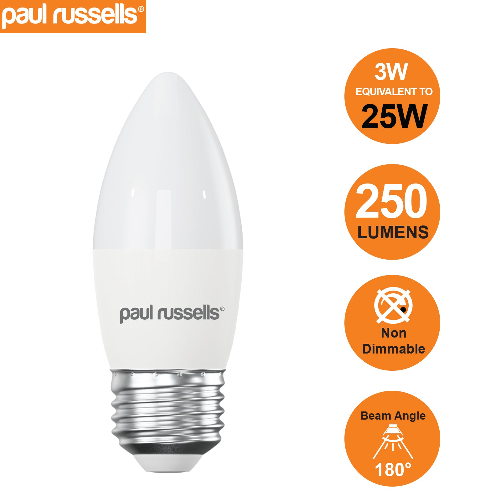 LED Candle 3W (25w), ES/E27, 250 Lumens, Warm White(2700K), 240V