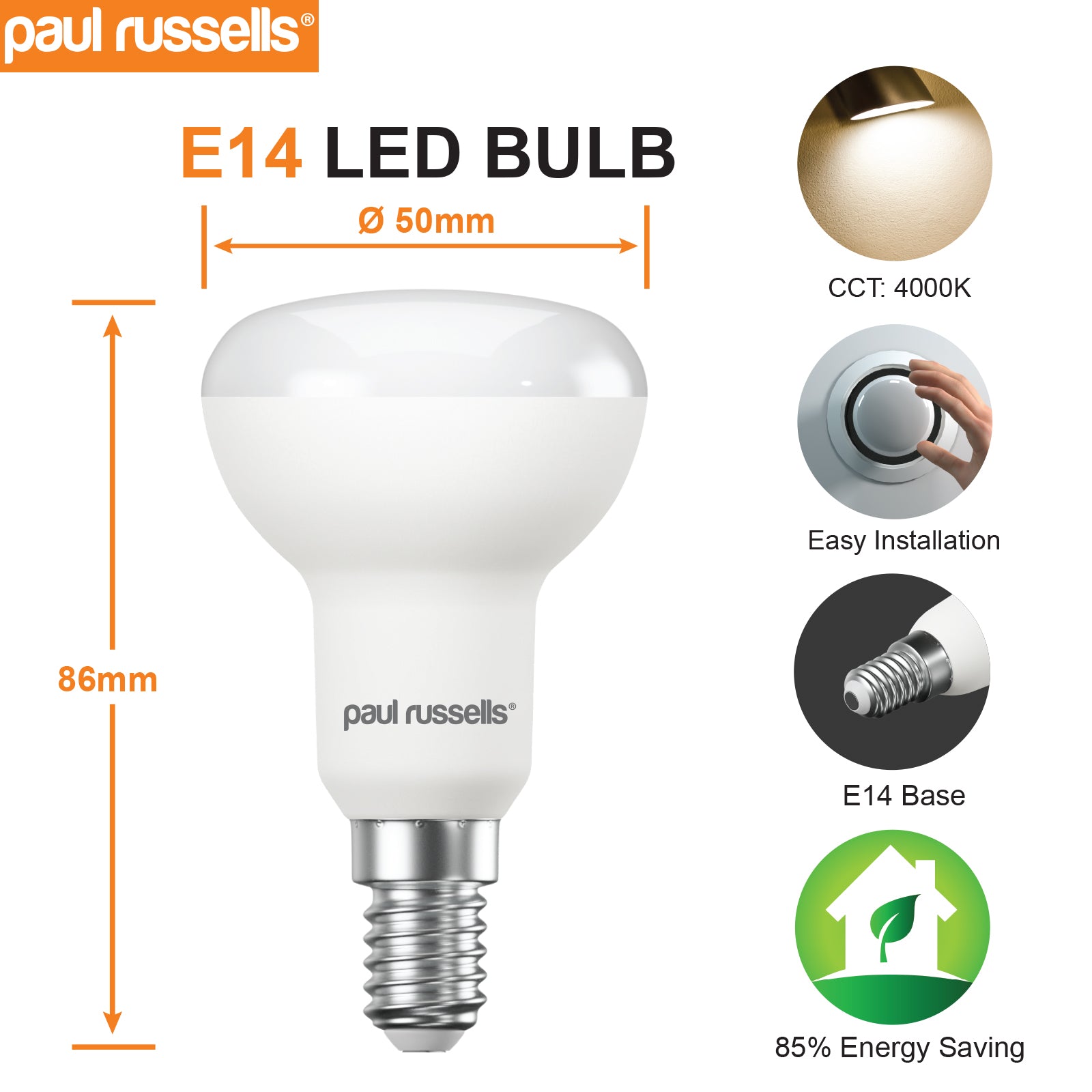 LED R50 6W (40w), SES/E14, 470 Lumens, Cool White(2700K), 240V
