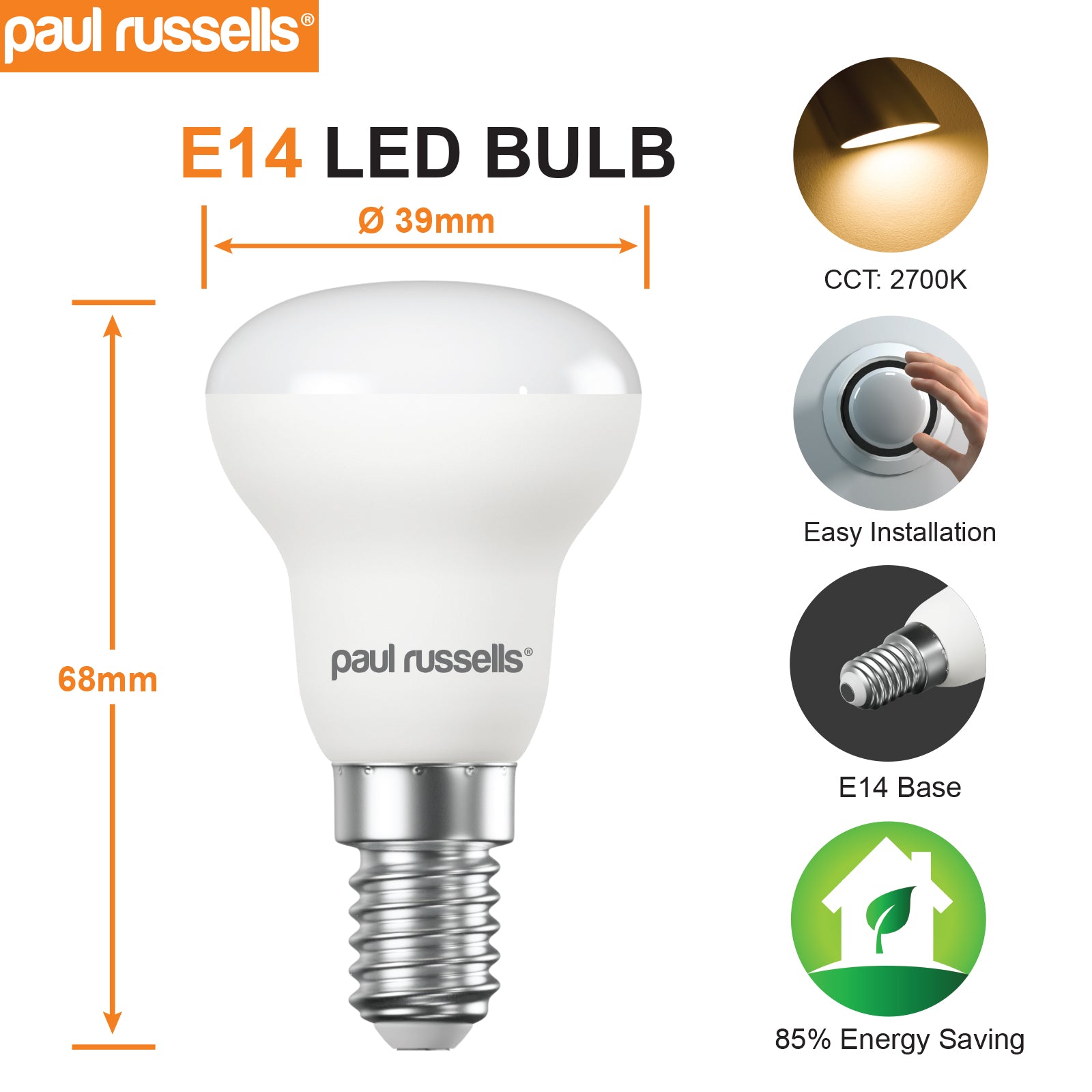 LED R39 4.5W (25w), SES/E14, 325 Lumens, Warm White(2700K), 240V