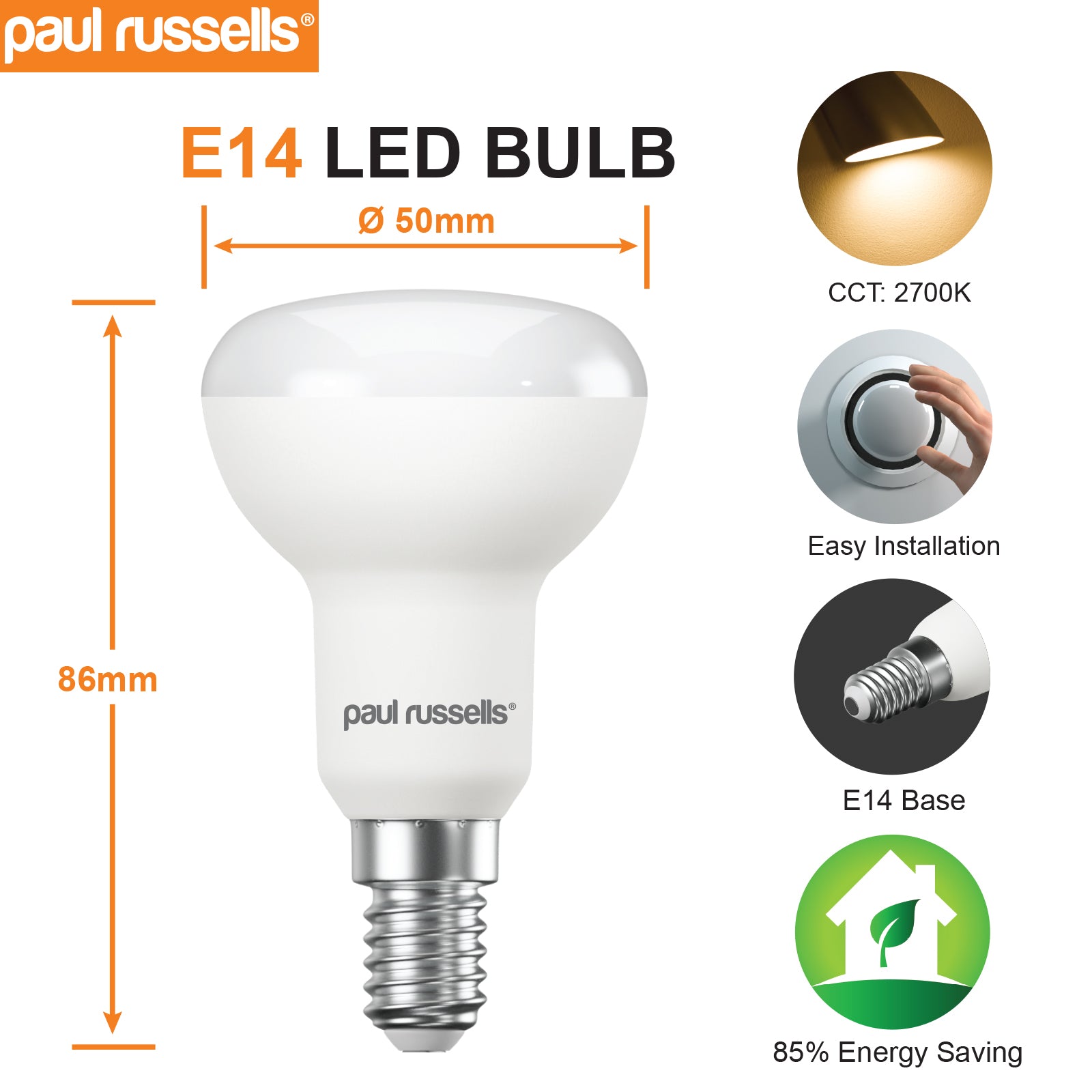 LED R50 6W (40w), SES/E14, 470 Lumens, Warm White(2700K), 240V