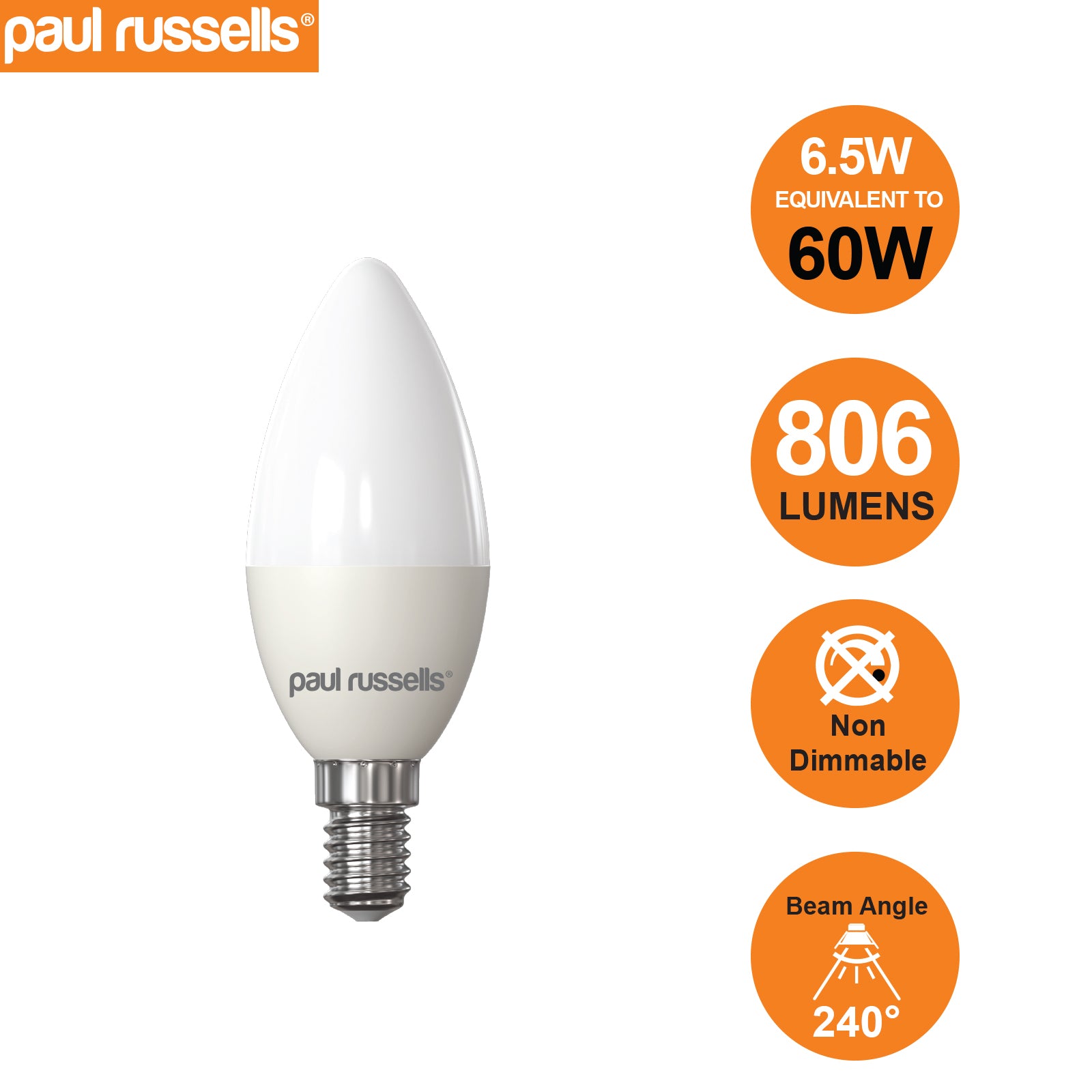 LED Candle 6.5W (60w), SES/E14, 806 Lumens, Warm White(3000K), 240V