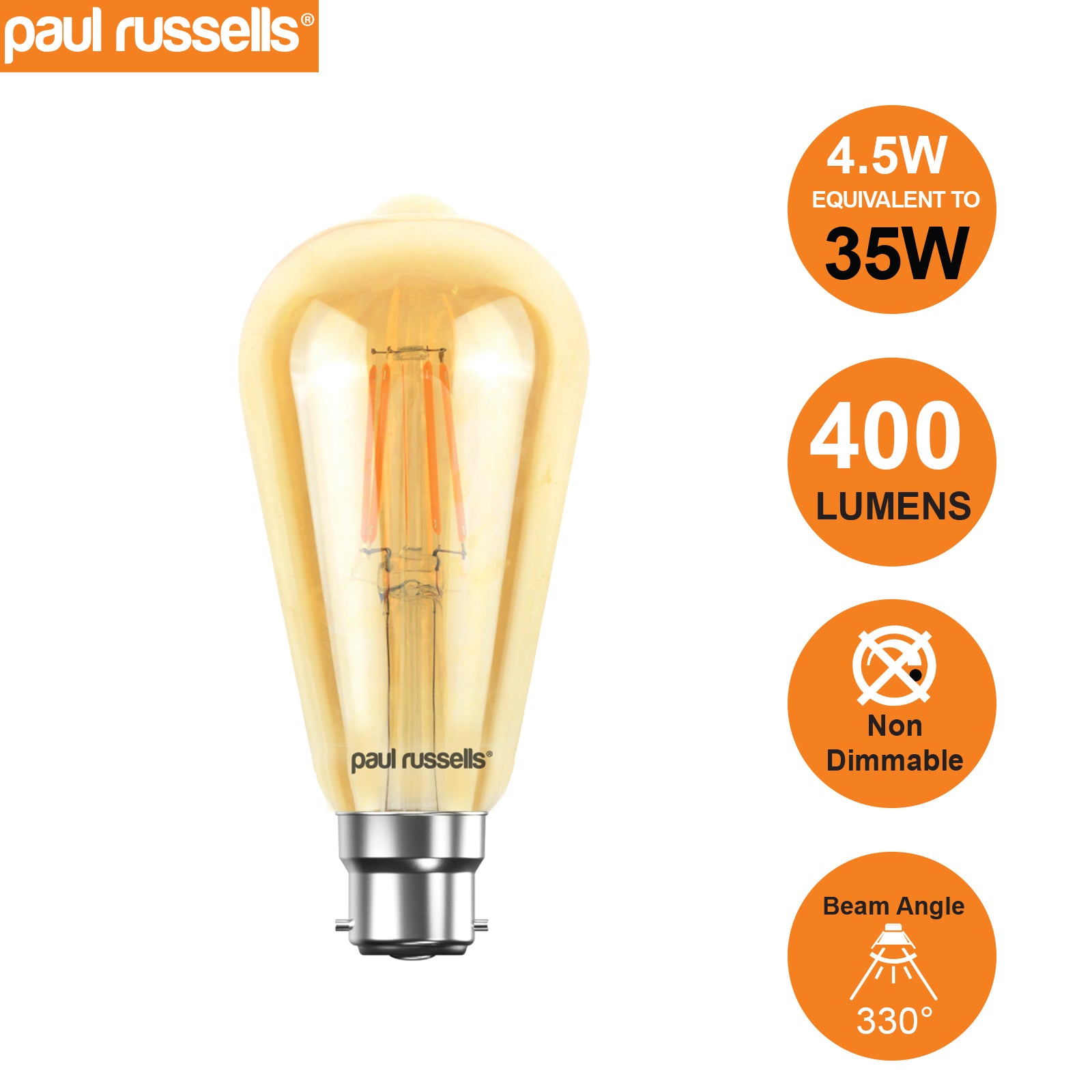LED Filament ST64 4.5W (35w), BC/B22, 400 Lumens, Extra Warm White(2200K), 240V
