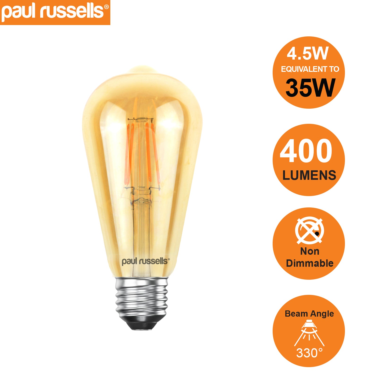LED Filament ST64 4.5W (35w), ES/E27, 400 Lumens, Extra Warm White(2200K), 240V