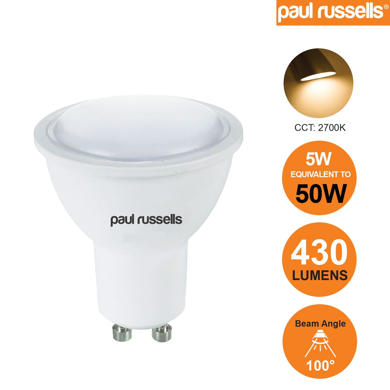 LED 5W (50w) Spotlight, GU10, 430 Lumens, Warm White(2700K), 240V