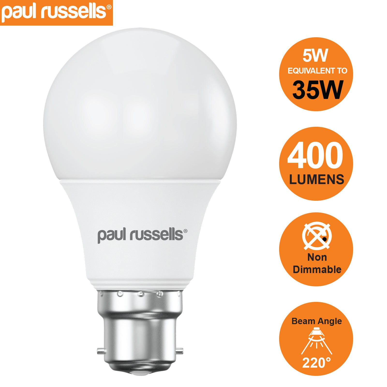 LED GLS 5W (35w), BC/B22, 400 Lumens, Warm White(3000K), 240V