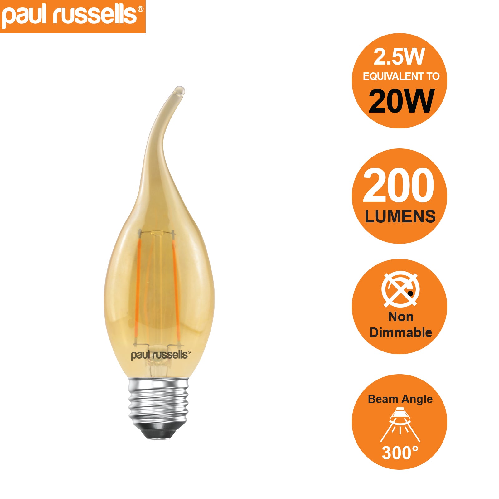 LED Filament Flame 2.5W (20w), ES/E27, 200 Lumens, Extra Warm White(2200K), 240V