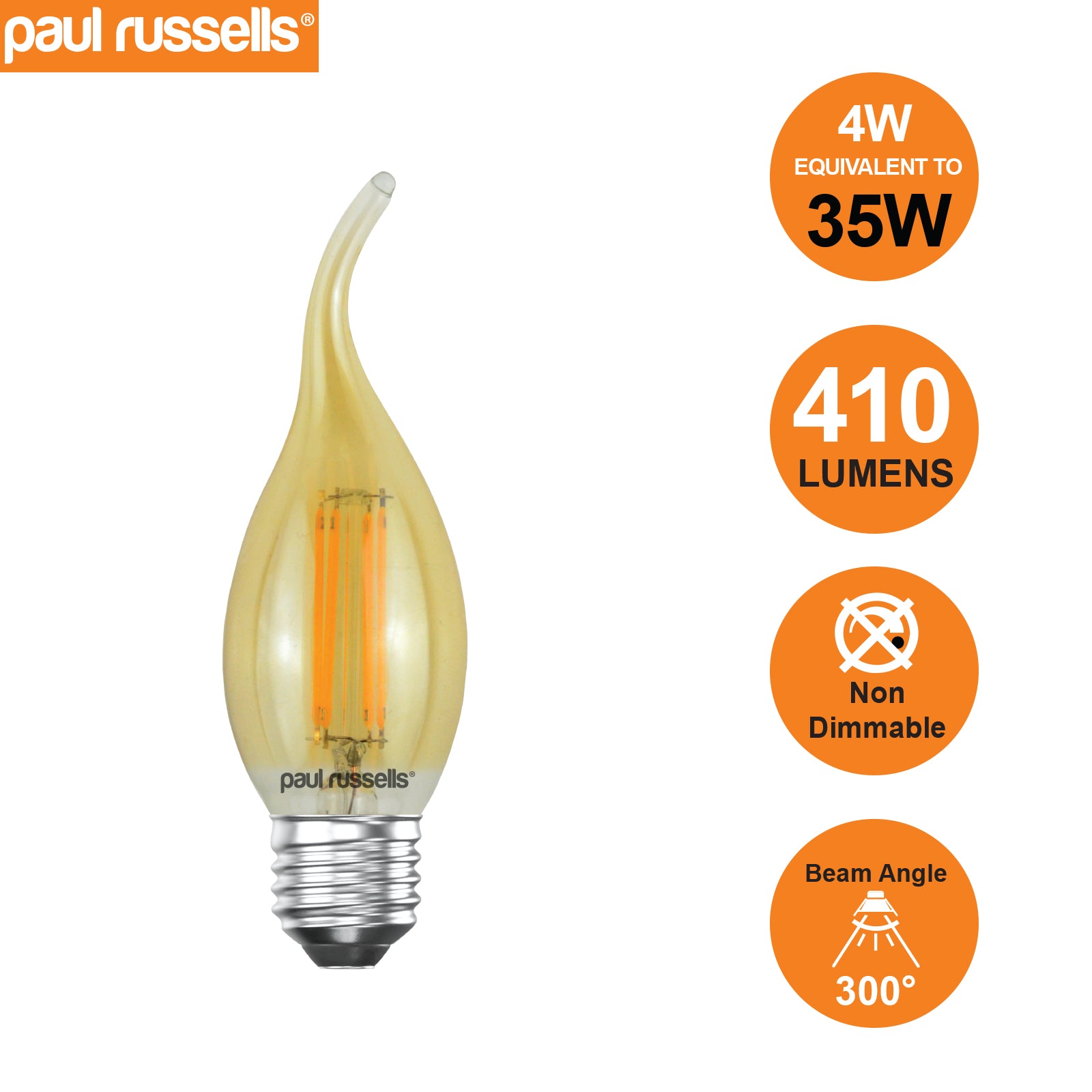 LED Filament Flame 4W (35w), ES/E27, 410 Lumens, Extra Warm White(2200K), 240V