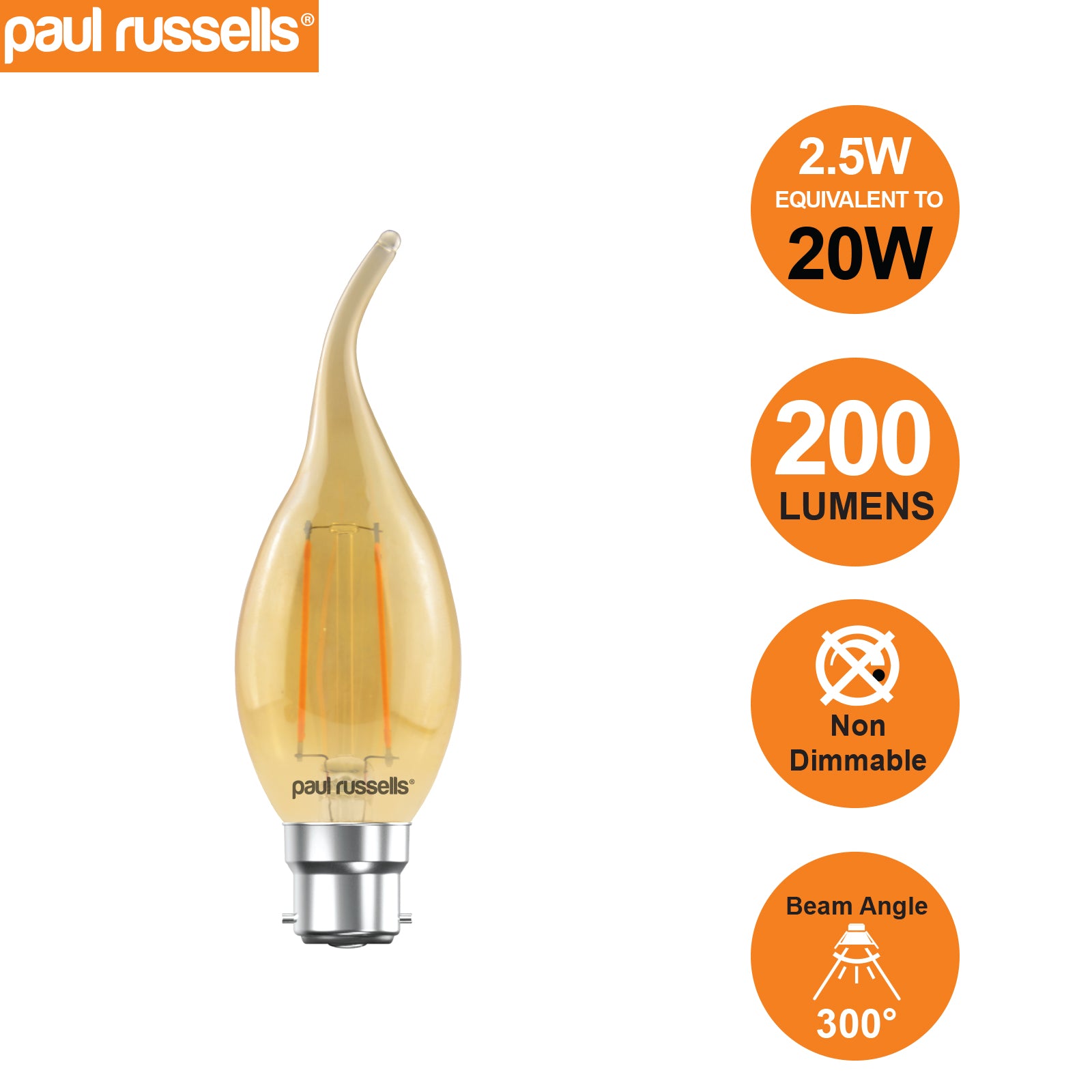 LED Filament Flame 2.5W (20w), BC/B22, 200 Lumens, Extra Warm White(2200K), 240V