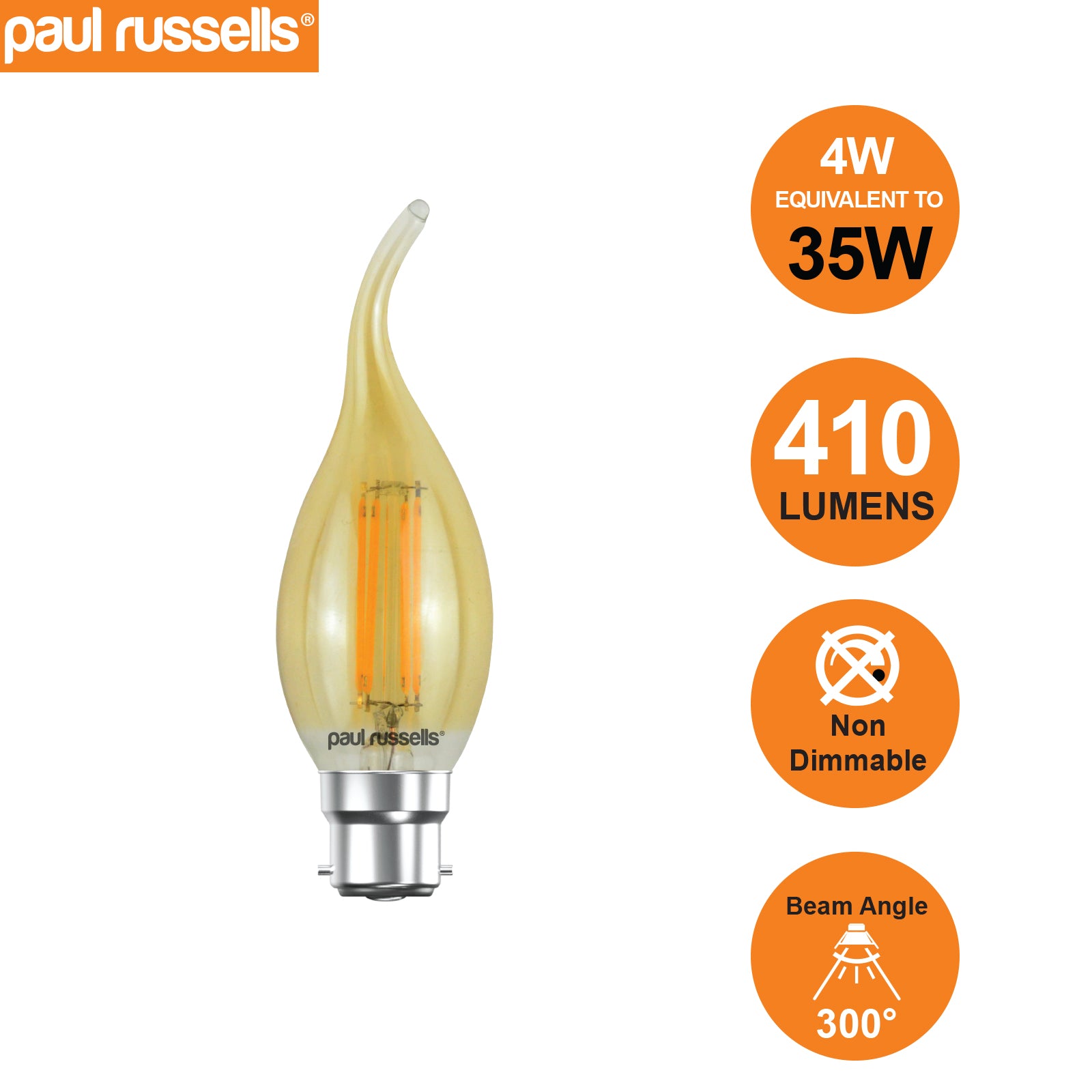 LED Filament Flame 4W (35w), BC/B22, 410 Lumens, Extra Warm White(2200K), 240V