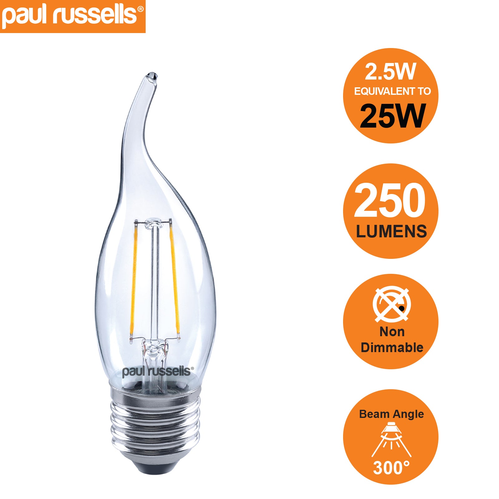 LED Filament Flame 2.5W (25w), ES/E27, 250 Lumens, Warm White(2700K), 240V