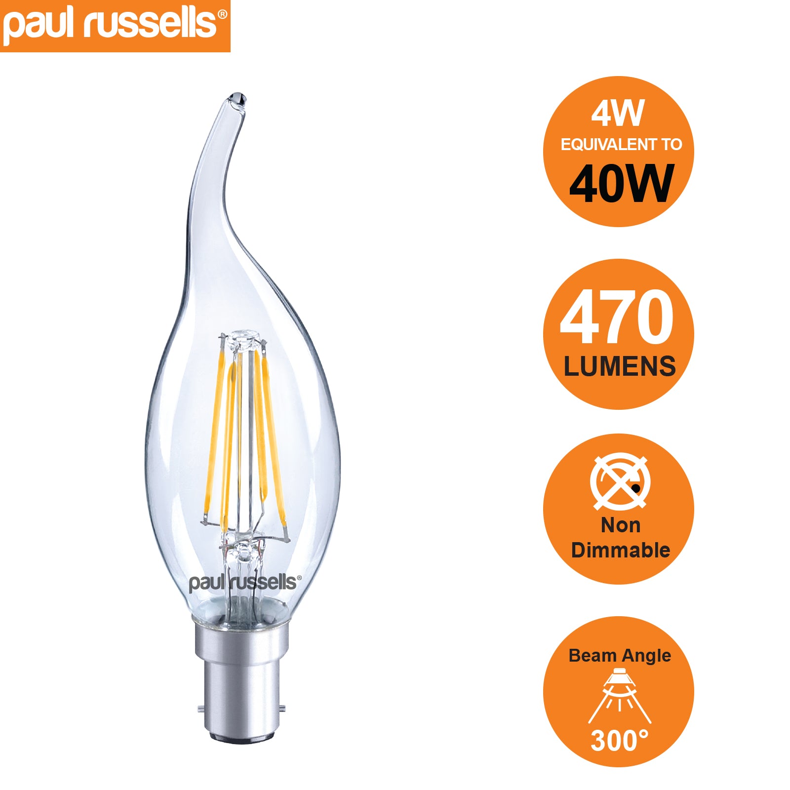 LED Filament Flame 4W (40w), SBC/B15, 470 Lumens, Warm White(2700K), 240V