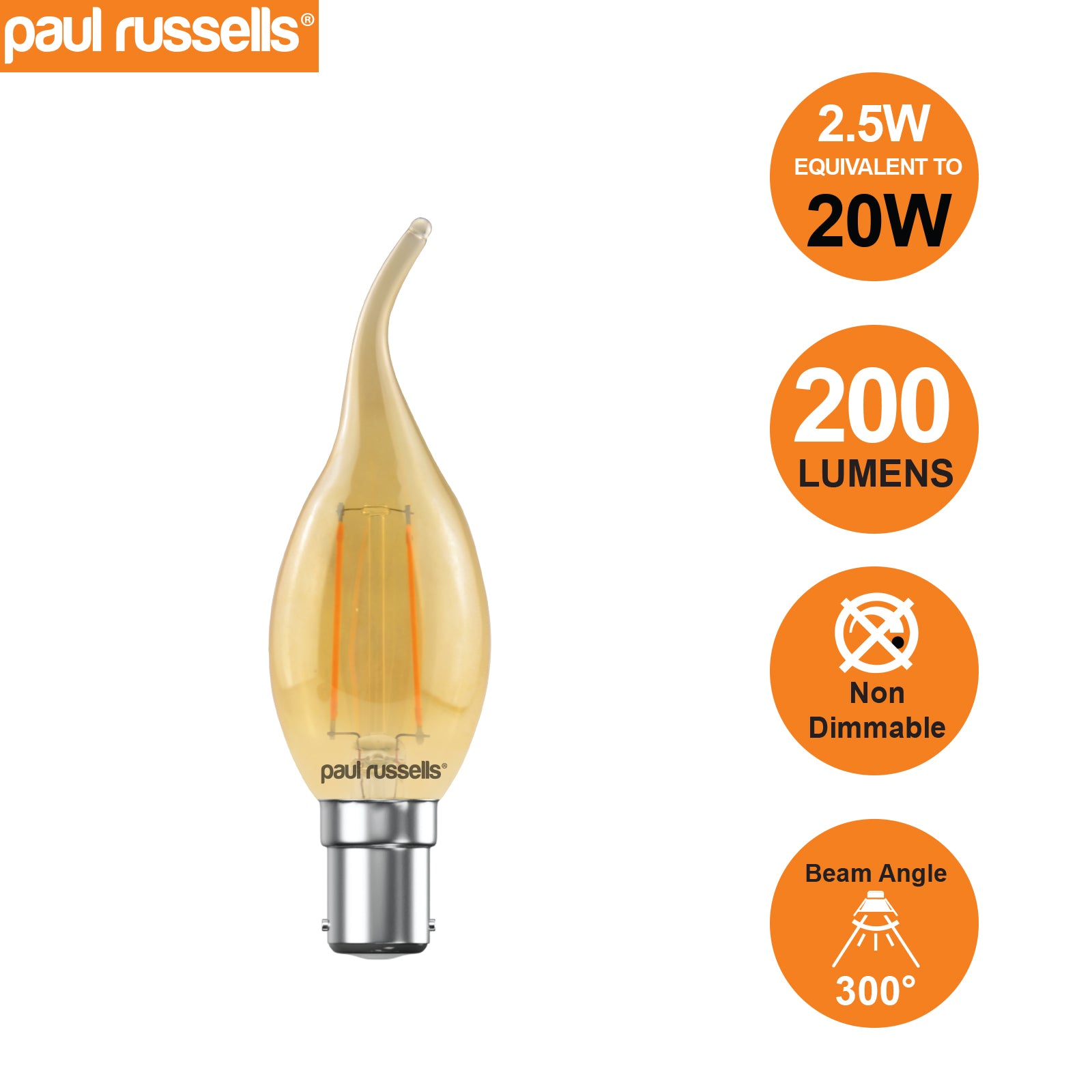 LED Filament Flame 2.5W (20w), SBC/B15, 200 Lumens, Extra Warm White(2200K), 240V