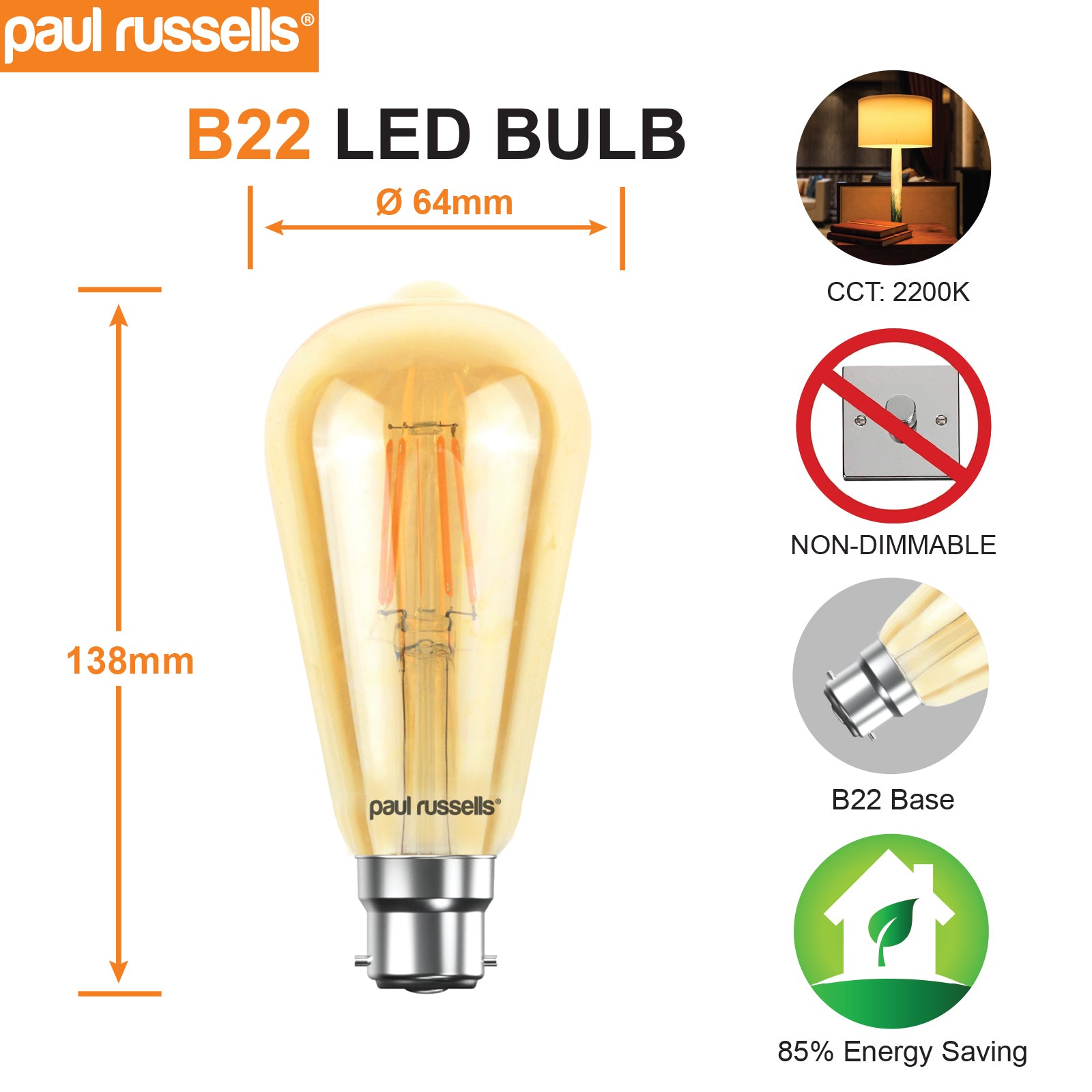 LED Filament ST64 4.5W (35w), BC/B22, 400 Lumens, Extra Warm White(2200K), 240V