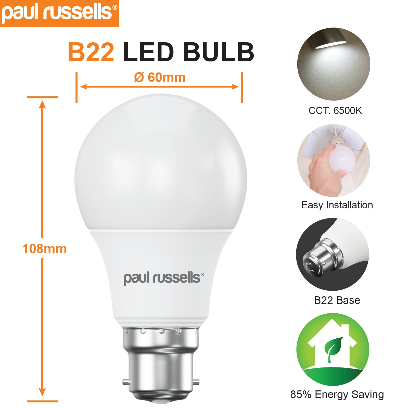 LED GLS 5W (35w), BC/B22, 400 Lumens, Day Light(6500K), 240V