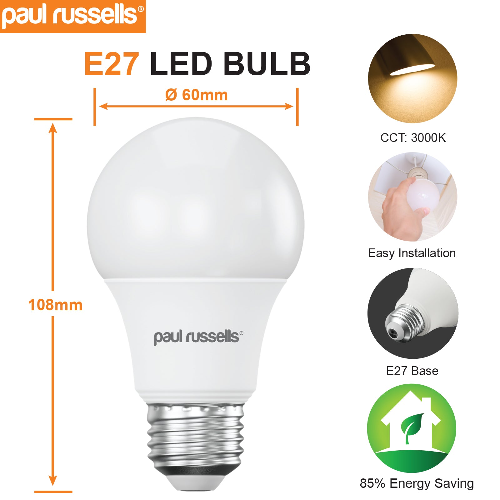 LED GLS 7W (45w), ES/E27, 560 Lumens, Warm White(3000K), 240V