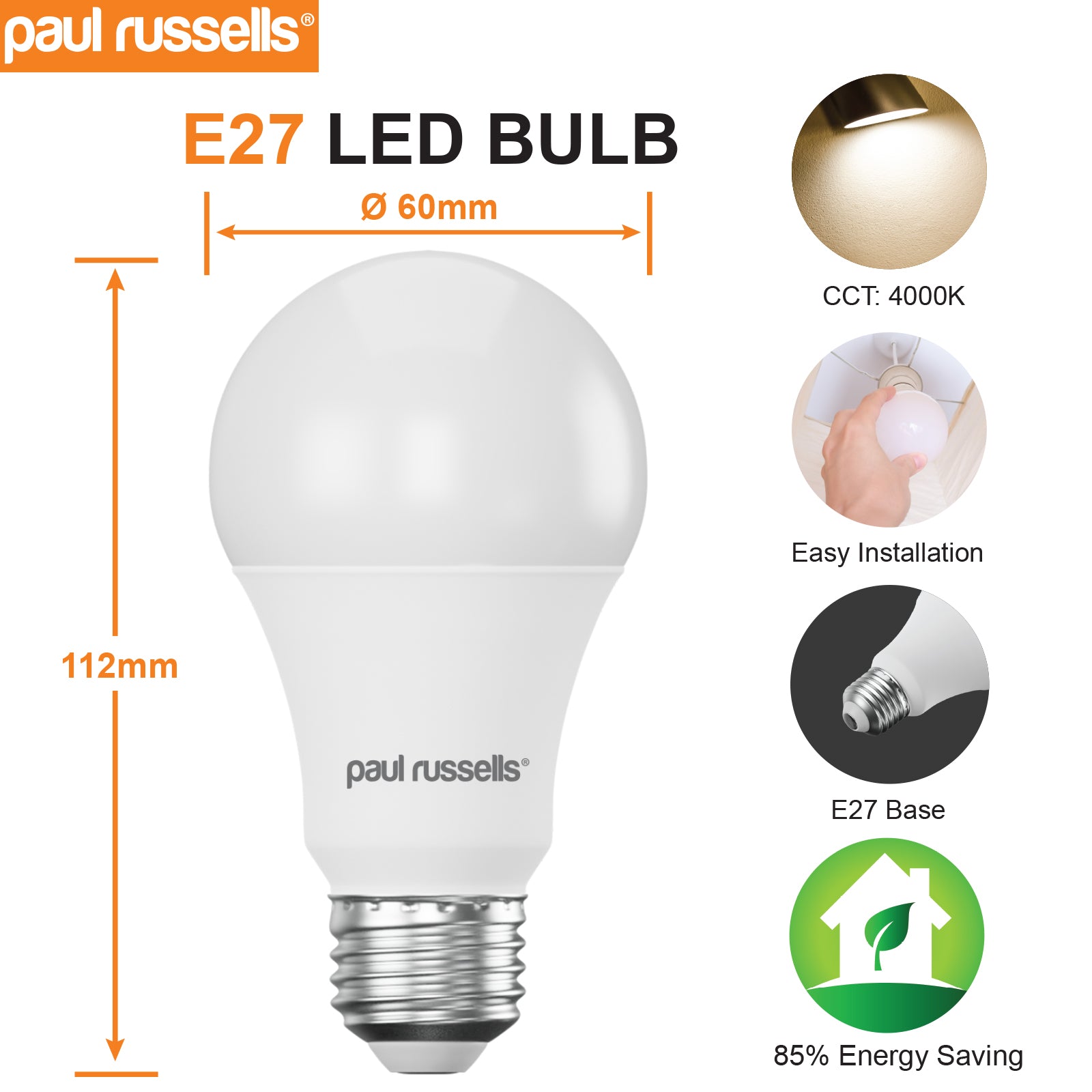 LED GLS 12W (75w), ES/E27, 1050 Lumens, Cool White(4000K), 240V