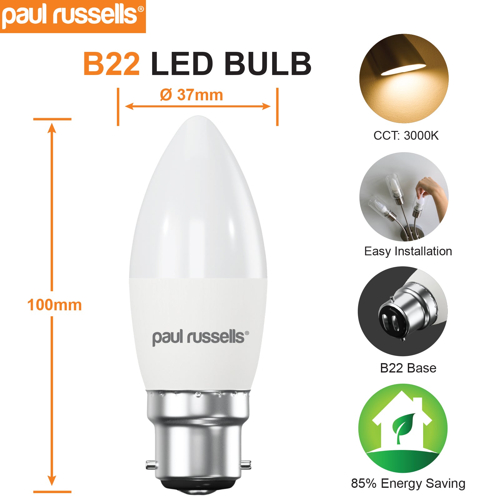 LED Candle 7W (45w), BC/B22, 600 Lumens, Warm White(3000K), 240V