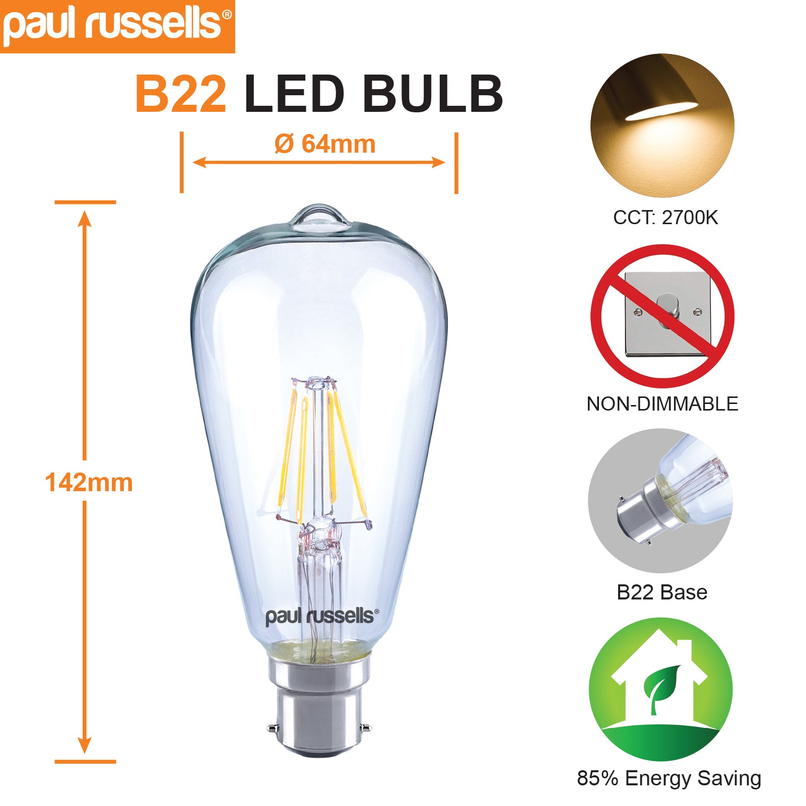 LED Filament ST64 4W (40w), BC/B22, 470 Lumens, Warm White(2700K), 240V