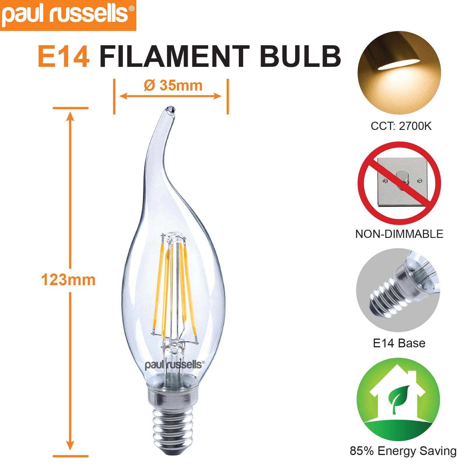 LED Filament Flame 4.5W (40w), SES/E14, 470 Lumens, Warm White(2700K), 240V