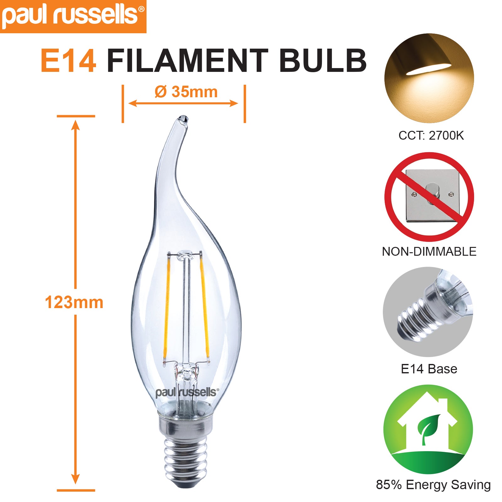 LED Filament Flame 2.5W (25w), SES/E14, 250 Lumens, Warm White(2700K), 240V