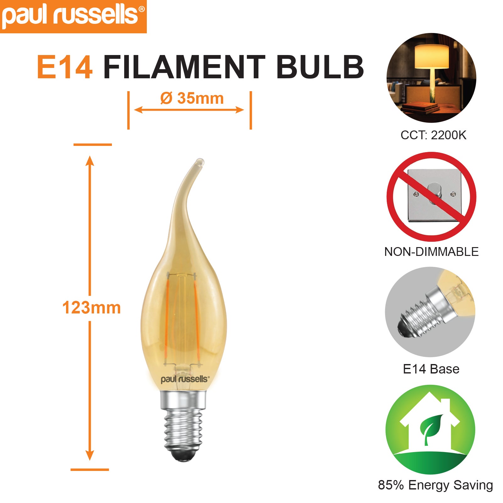 LED Filament Flame 2.5W (20w), SES/E14, 200 Lumens, Extra Warm White(2200K), 240V