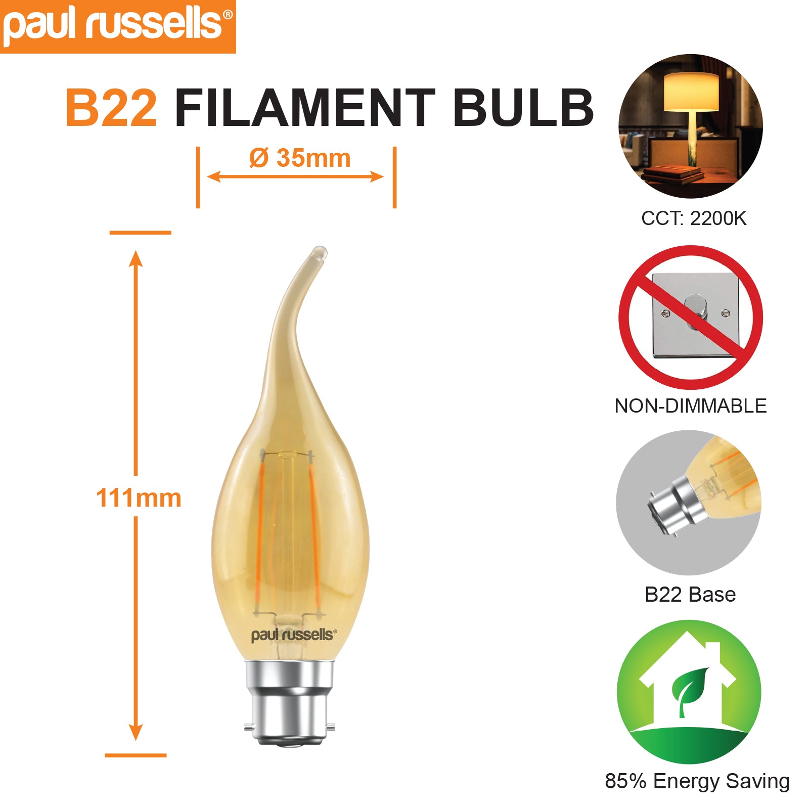 LED Filament Flame 2.5W (20w), BC/B22, 200 Lumens, Extra Warm White(2200K), 240V