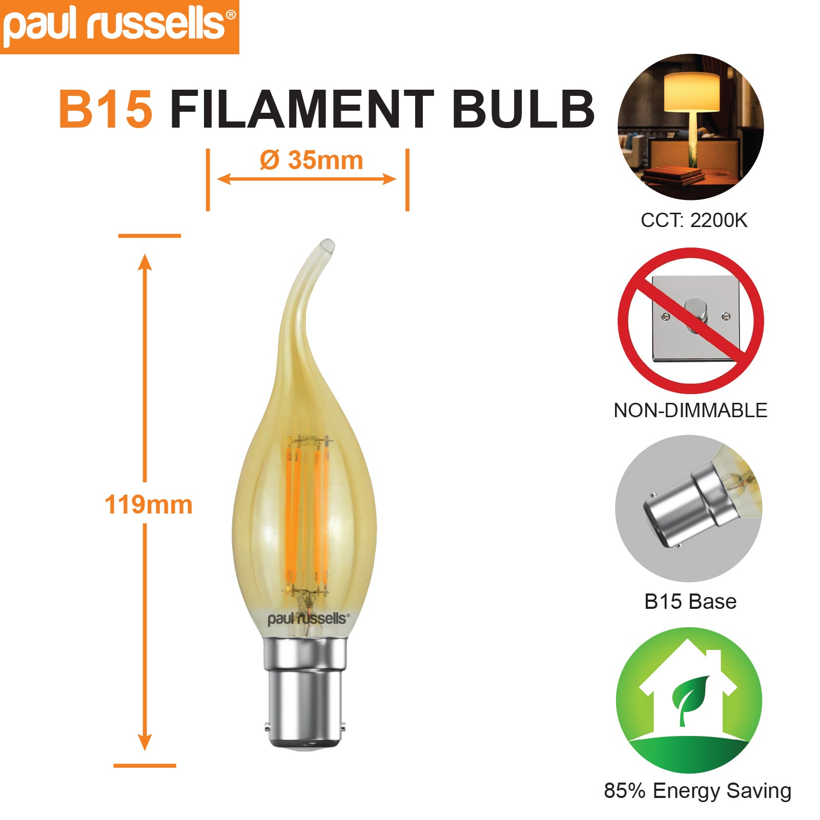 LED Filament Flame 4W (35w), SBC/B15, 410 Lumens, Extra Warm White(2200K), 240V