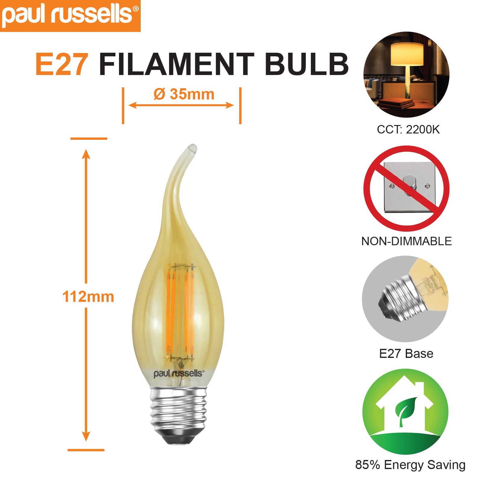 LED Filament Flame 4W (35w), ES/E27, 410 Lumens, Extra Warm White(2200K), 240V