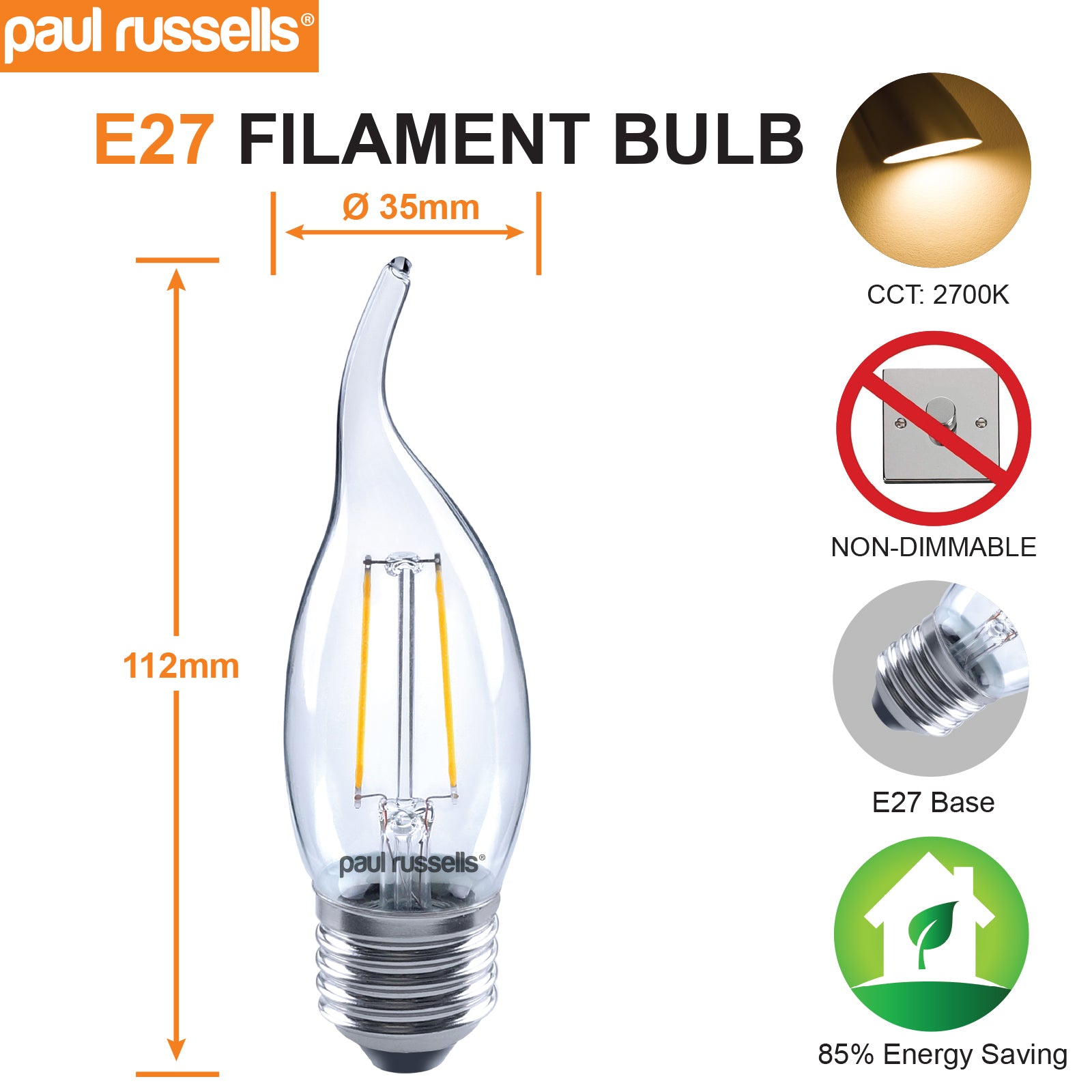 LED Filament Flame 2.5W (25w), ES/E27, 250 Lumens, Warm White(2700K), 240V